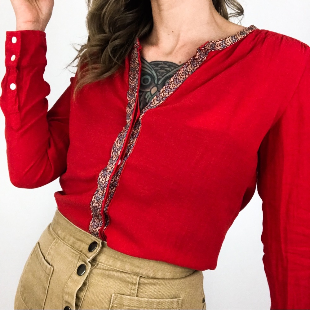 MNG Embroidered Creped Blouse in Red | Size 2